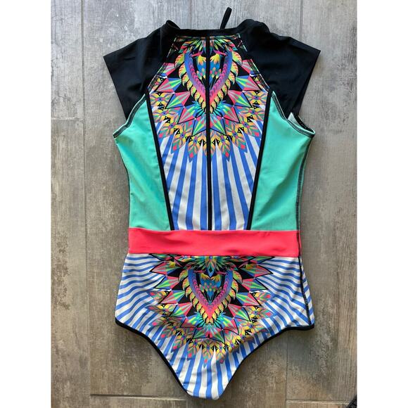 $128 BODY GLOVE Look At Me Stand Up Surf Suit Swimsuit Neon One Piece Zip L - Picture 9 of 9